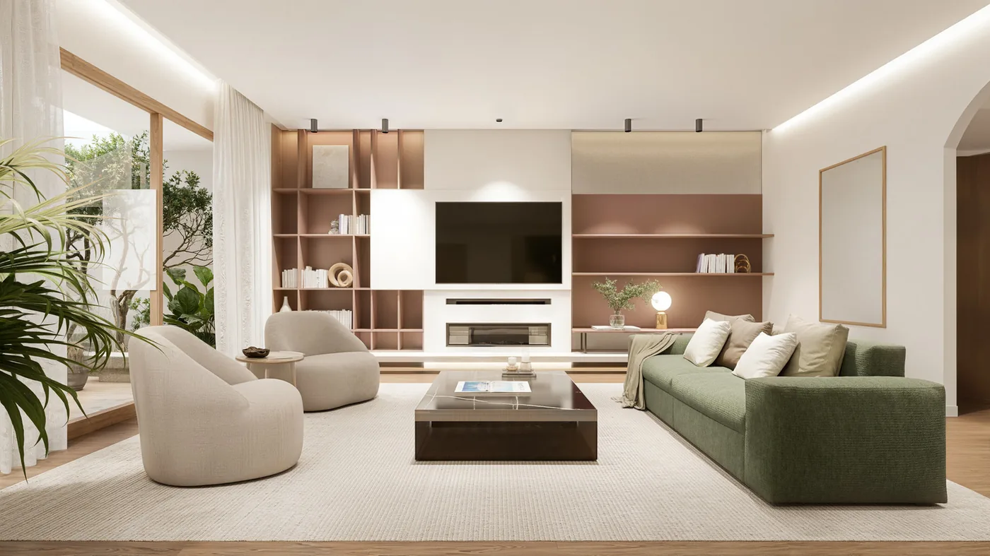 Render 3D de salón con estantería a medida y sofá verde · Ana Uría Interiorismo