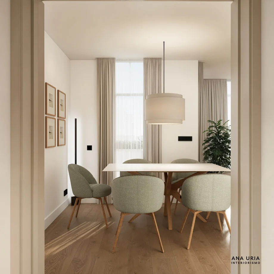Render 3D de comedor con sillas tapizadas en verde · Ana Uría Interiorismo