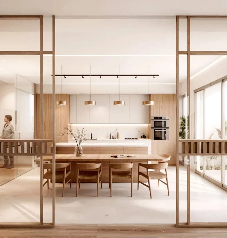 Render 3D de cocina abierta con isla y mesa de comedor de madera · Ana Uría Interiorismo