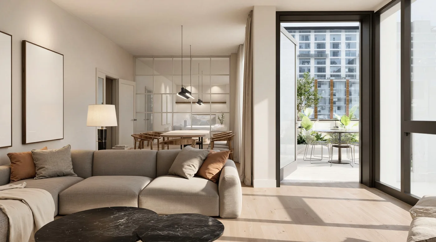 Render 3D de salón-comedor con sofá y salida a terraza · Ana Uría Interiorismo
