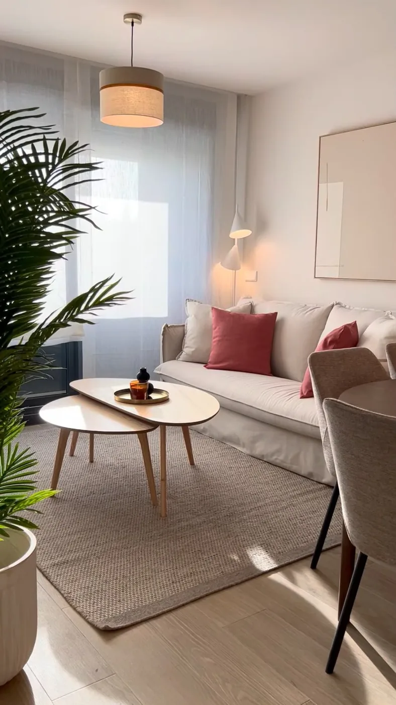 Salón amueblado y decorado con sofá de lino, mesas de centro y cojines terracota, por Ana Uría Interiorismo