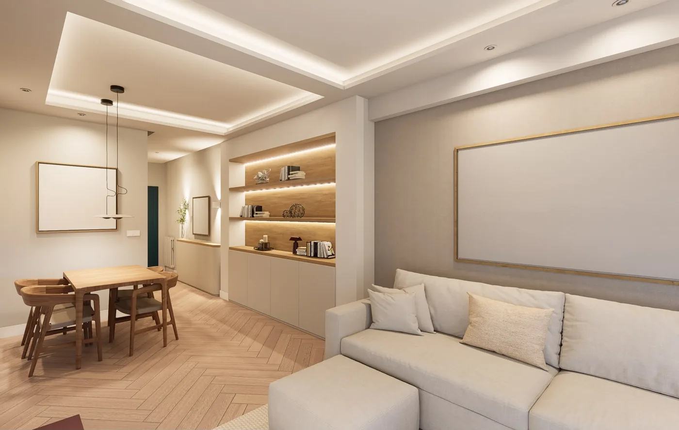 Render 3D fotorrealista de salón-comedor con estantería iluminada, proyecto de Ana Uría Interiorismo